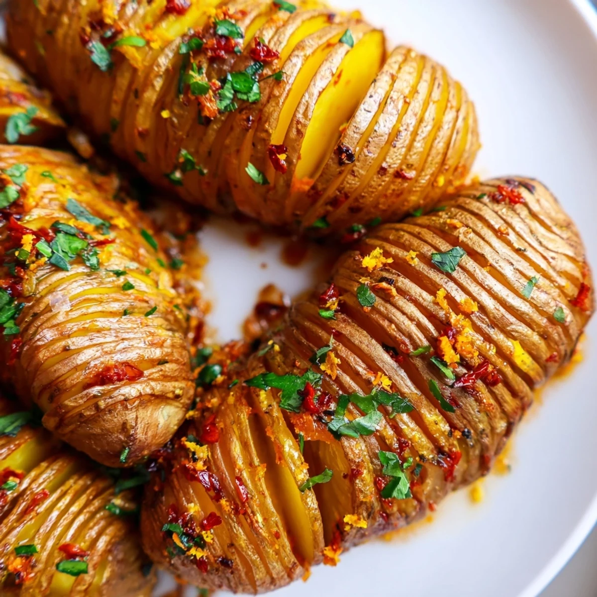Roast Herb Chilli and Orange Butter Hasselback Potatoes are golden and crispy, fanned out on a platter.