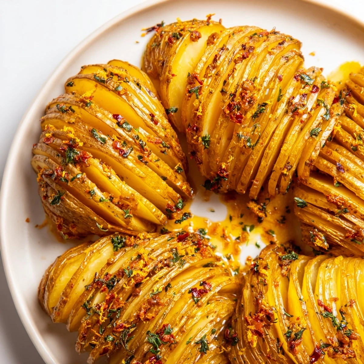 Serving suggestion for Roast Herb Chilli and Orange Butter Hasselback Potatoes alongside a main course.