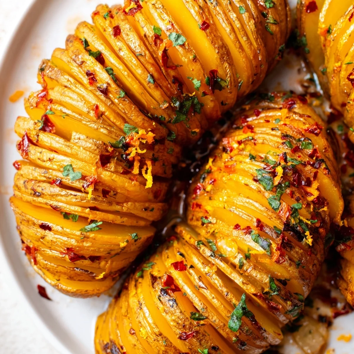 A close-up of Roast Herb Chilli and Orange Butter Hasselback Potatoes, glistening with orange zest and herbs.