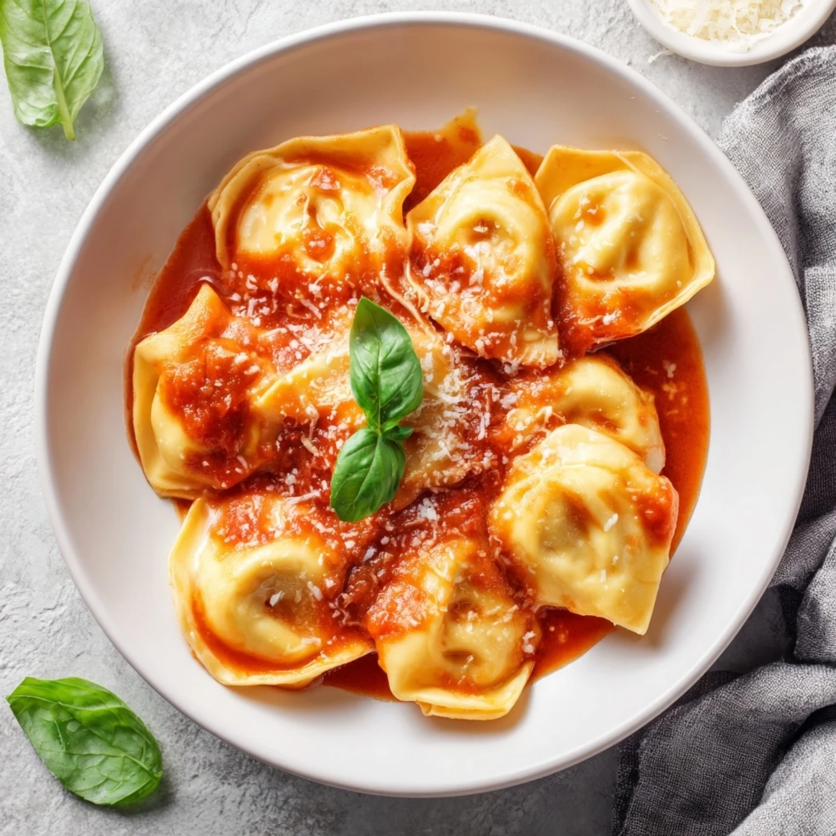 Golden-brown Mozzarella Tortellini glistening in a light tomato sauce, garnished with fresh basil leaves on a rustic plate.  
