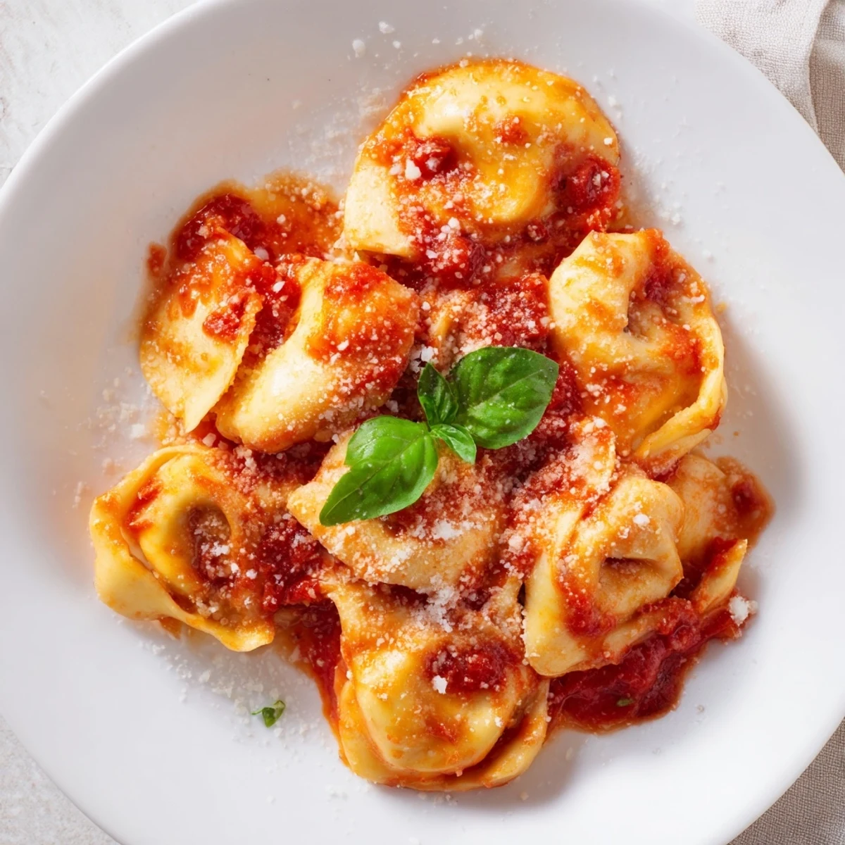 Hearty bowl of Mozzarella Tortellini tossed in garlic-infused tomato sauce, ready to enjoy with a glass of Pinot Grigio.  