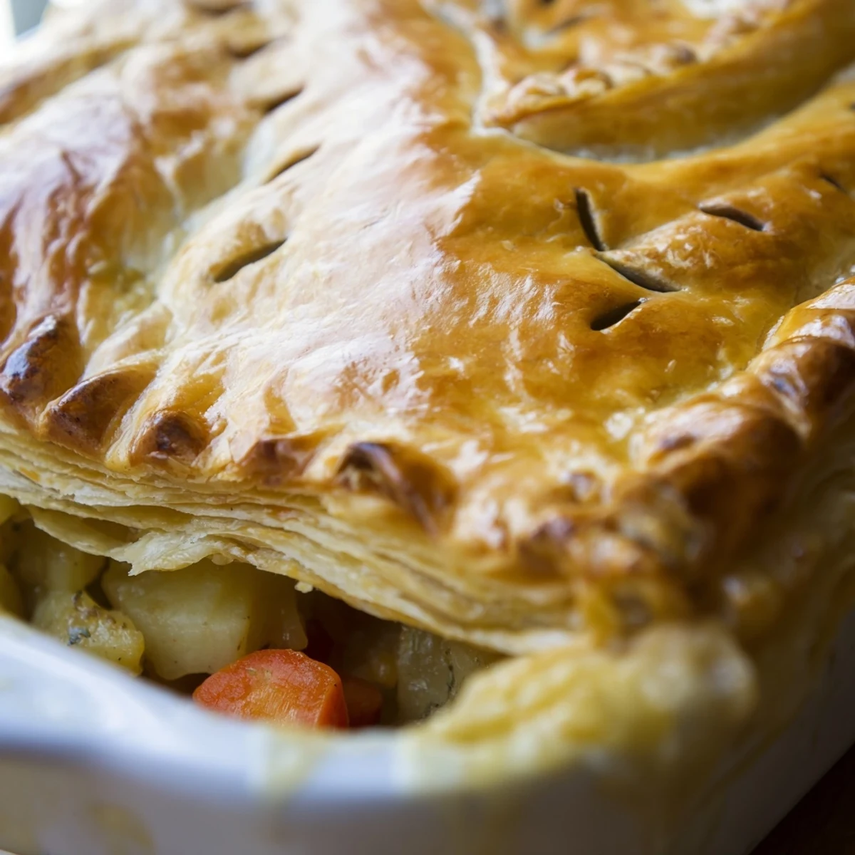 A slice of Leftover Roast Vegetable Pie reveals golden, flaky pastry atop a savory filling of roasted vegetables and herbs.