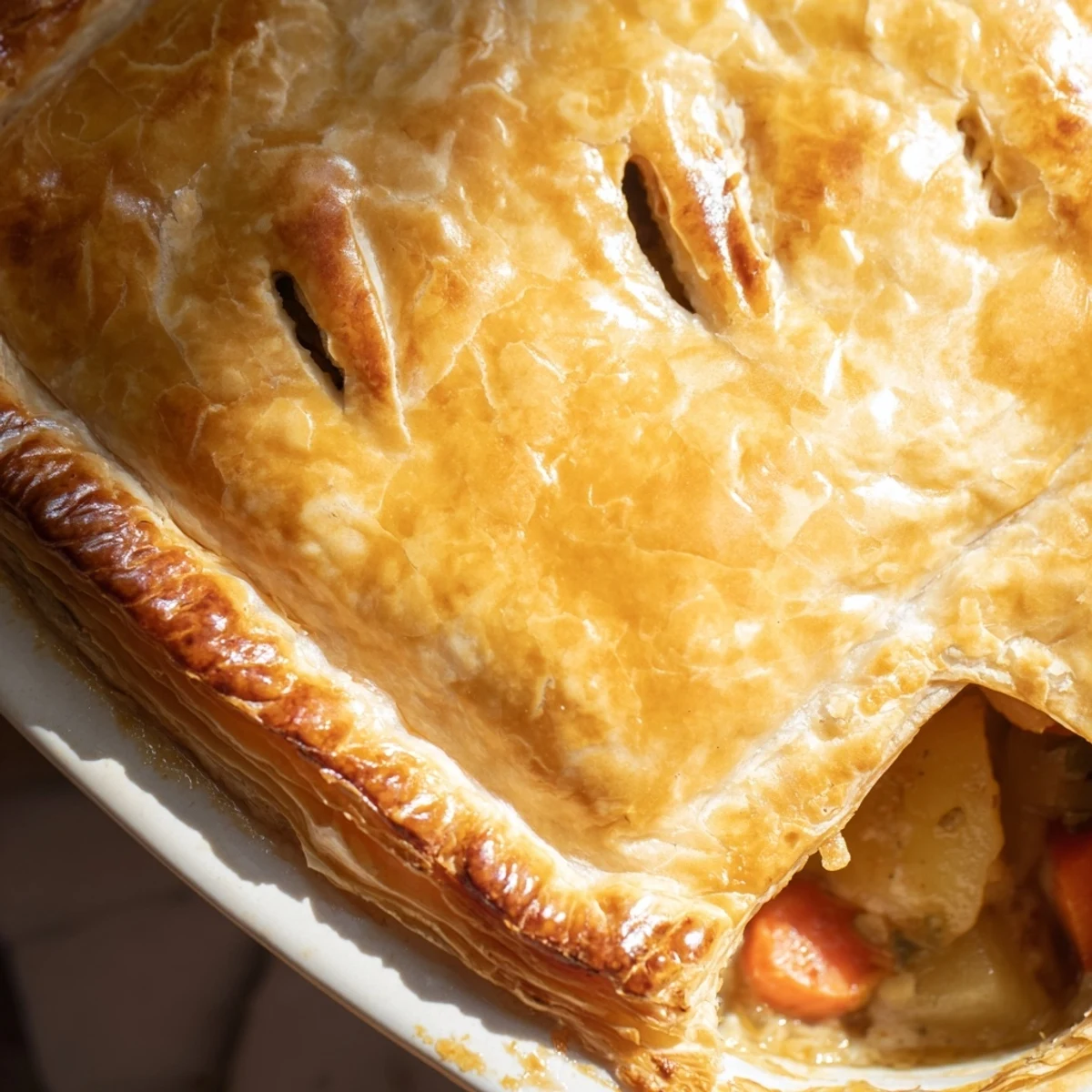 Close-up of Leftover Roast Vegetable Pie with bubbly filling peeking through steam vents, ready to be enjoyed warm from the oven.