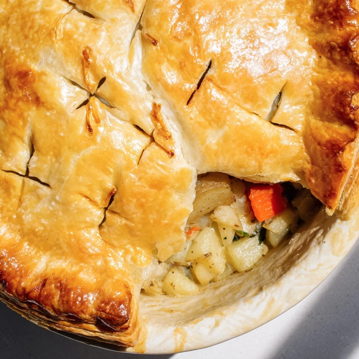 Serving suggestion for Leftover Roast Vegetable Pie, featuring a golden-brown crust and a hearty mix of leftover veggies in a creamy sauce.