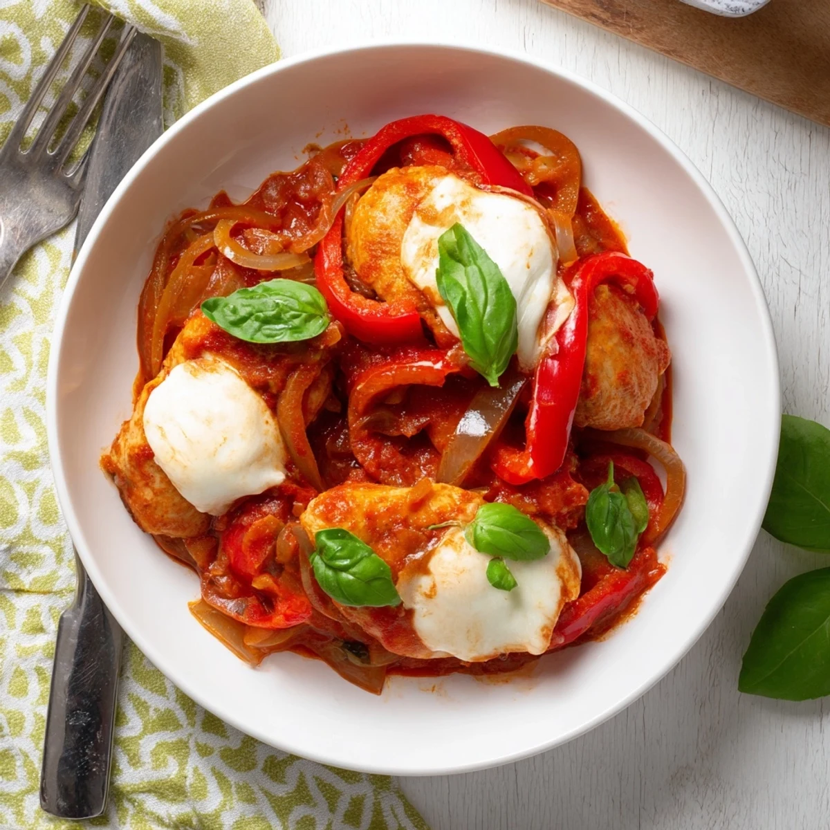 A close-up of Italian Style Chicken with melted mozzarella bubbling over tender breasts in a rich tomato and herb sauce, garnished with fresh basil.