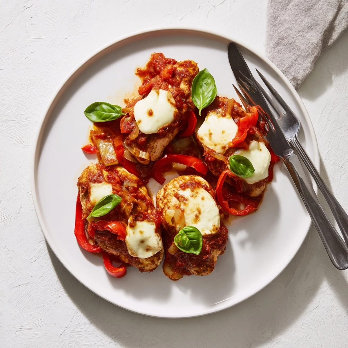 Serving suggestion for Italian Style Chicken plated beside a mound of steaming spaghetti, red sauce pooling on the plate with a fresh basil leaf.
