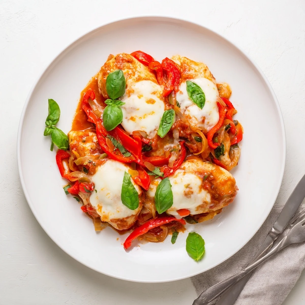 Top-down view of Italian Style Chicken in a rustic skillet, featuring golden chicken breasts coated in diced tomatoes and herbs, ready to serve.