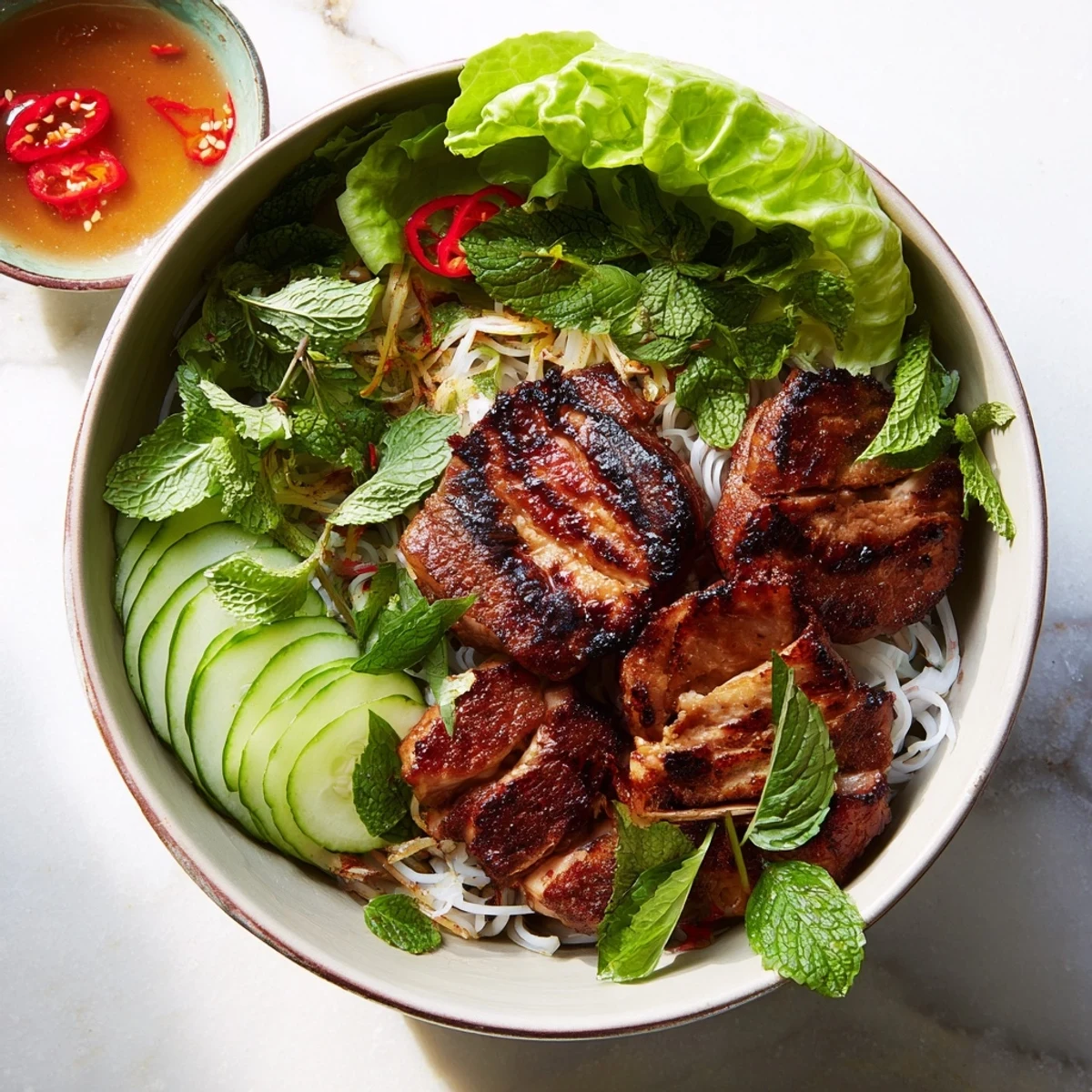 Grilled pork patties and tender slices of Bun Cha Hanoi rest on rice vermicelli, with fresh herbs and a bright dipping sauce beside sliced cucumbers.