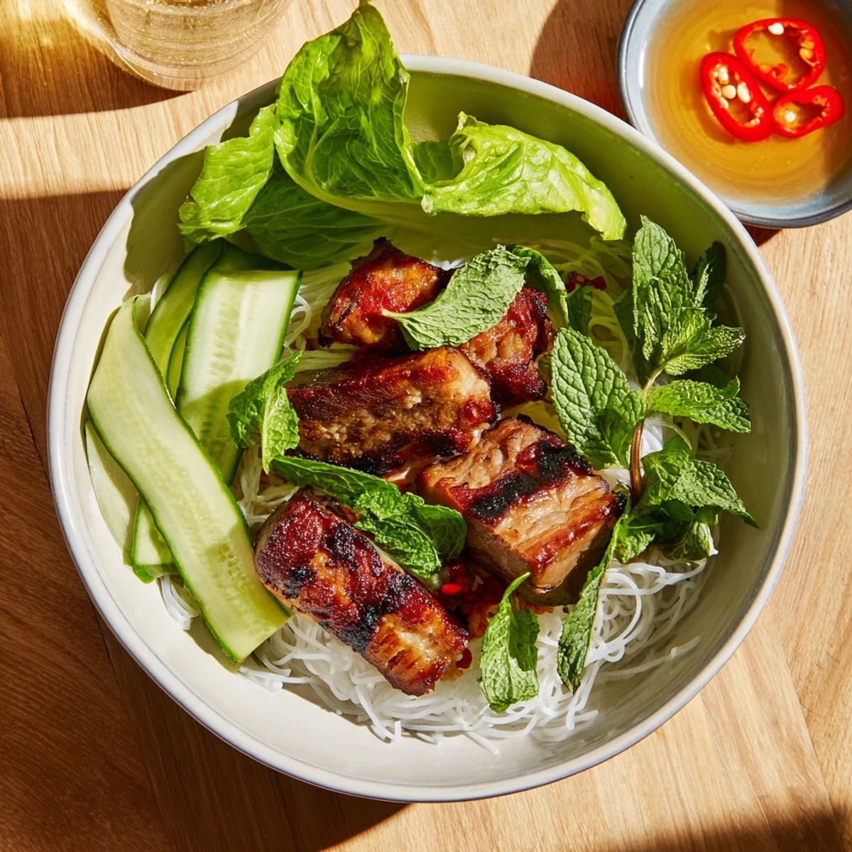 A close look at Bun Cha Hanoi, with juicy grilled pork, crisp lettuce, and Vietnamese herbs arranged around a bowl of steaming rice noodles.