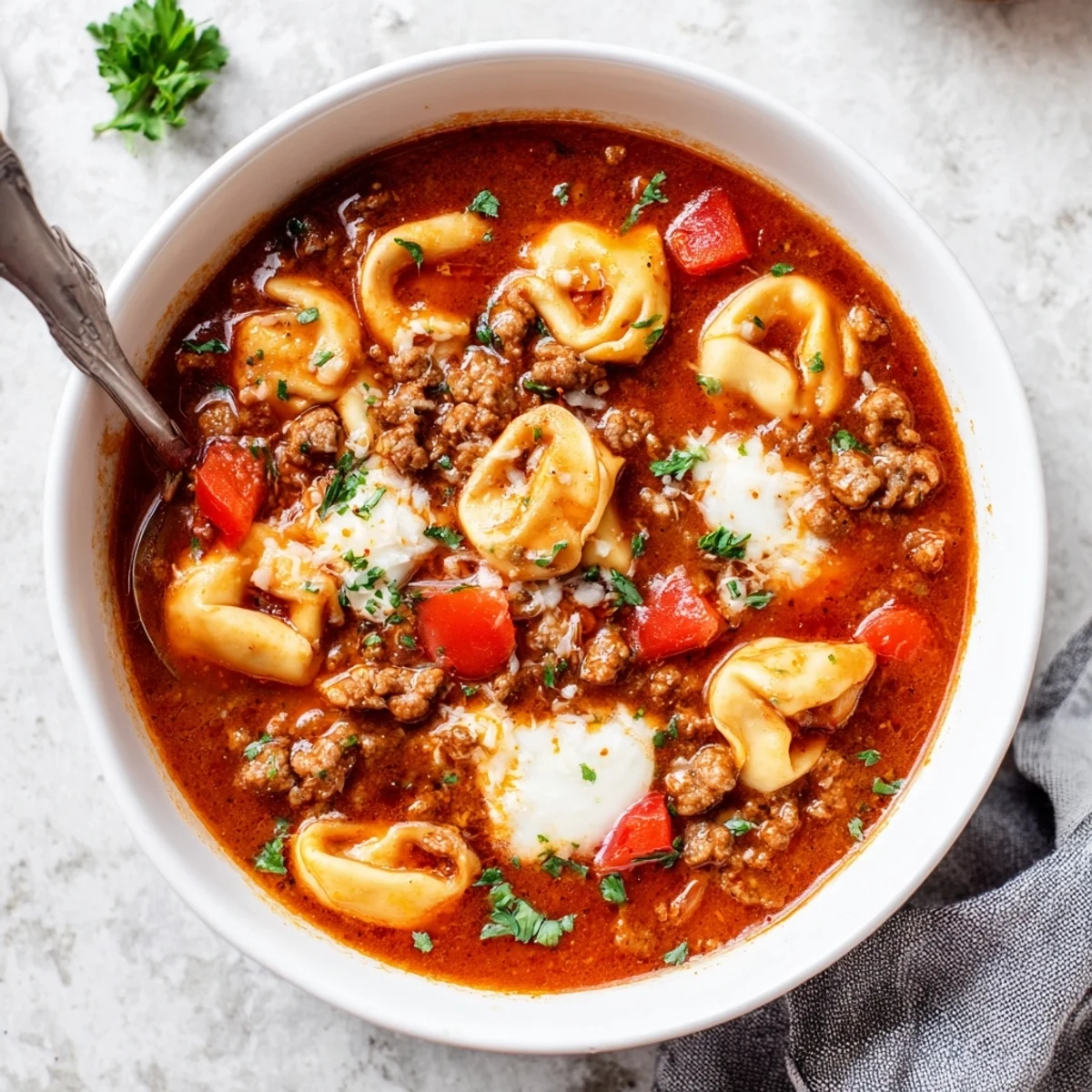 A warm bowl of Lasagna Soup with Tortellini features cheesy pasta and rich tomato broth topped with fresh basil.