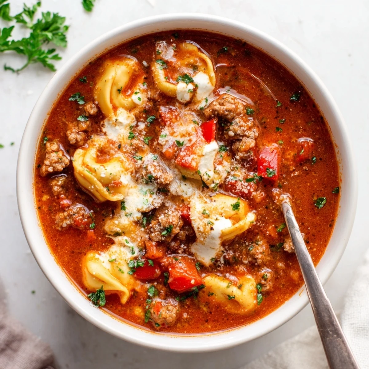 Close-up of Lasagna Soup with Tortellini in a rustic bowl, steam rising, ready to serve with crusty Italian bread.