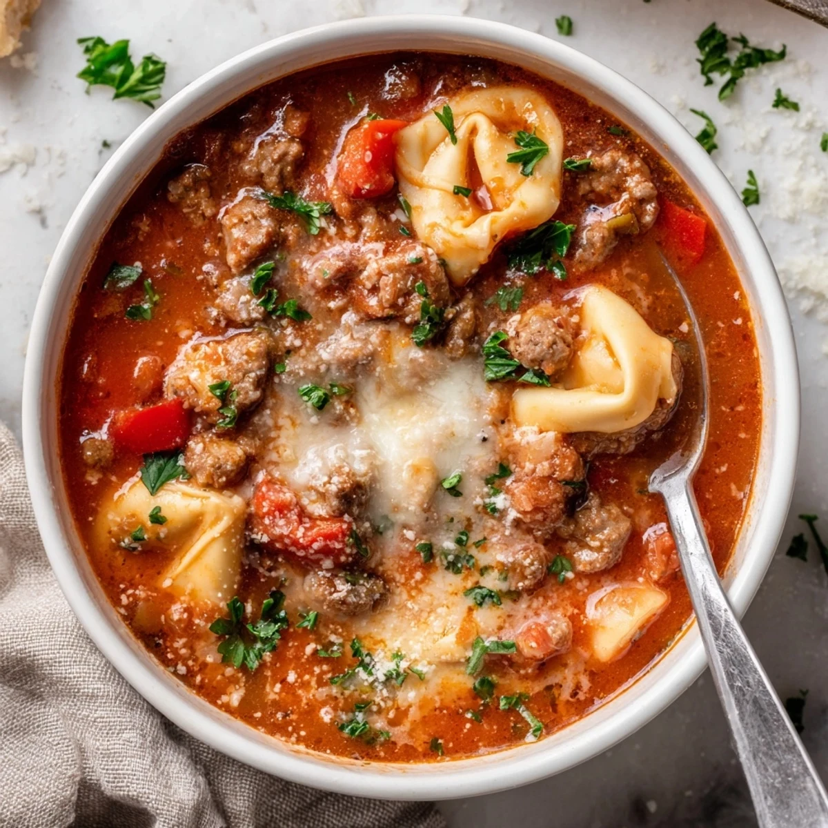 This comforting Lasagna Soup with Tortellini showcases tender tortellini swimming in a meaty, tomato-based broth with melted cheese.