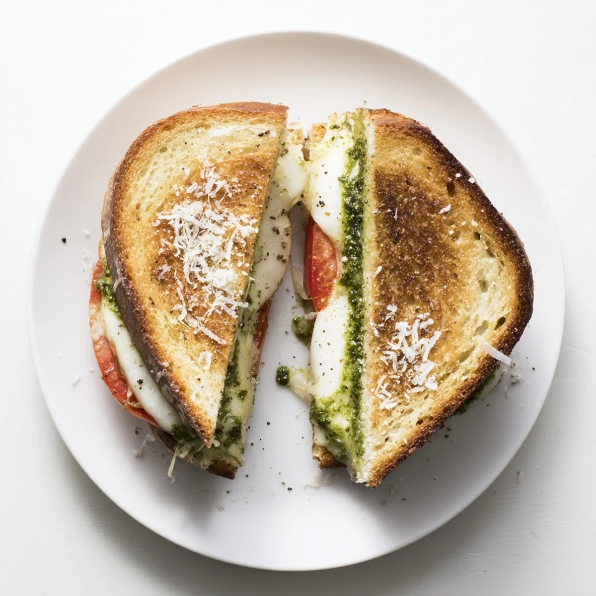 A close-up of a golden, crispy Best Pesto Grilled Cheese oozing melted mozzarella and vibrant basil pesto, served on a rustic cutting board.