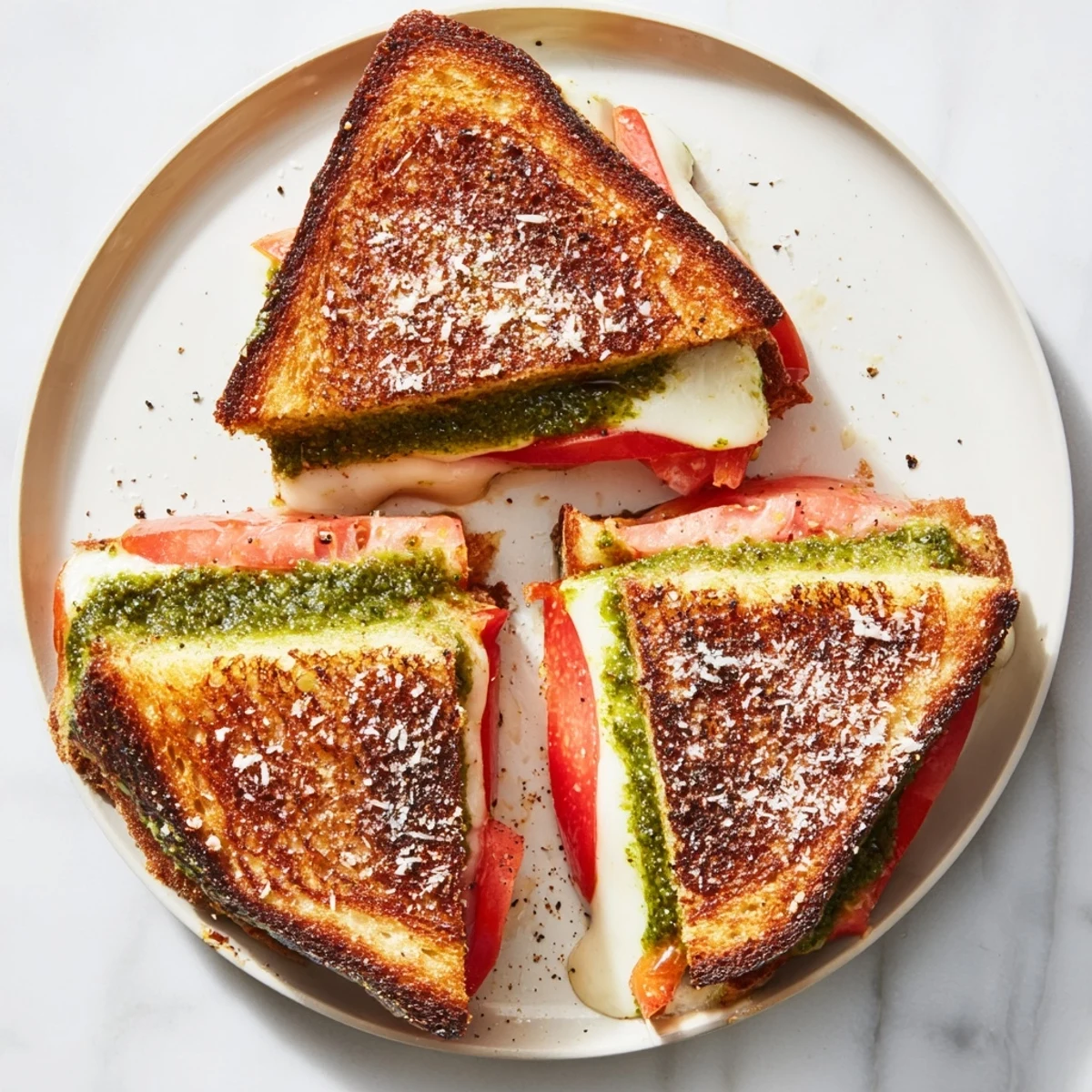 The Best Pesto Grilled Cheese sandwich is perfectly grilled with buttery sourdough, melted provolone, and fresh tomato slices ready to be enjoyed.
