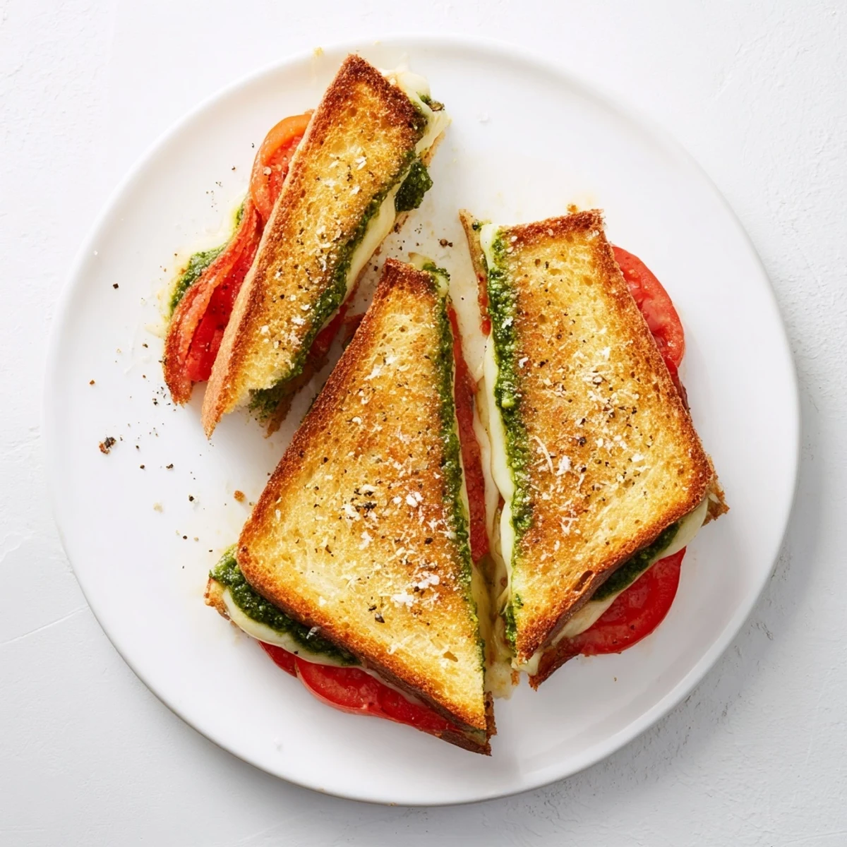 A delicious Best Pesto Grilled Cheese is cut in half, revealing layers of gooey cheese and pesto, paired with a bowl of tomato soup.