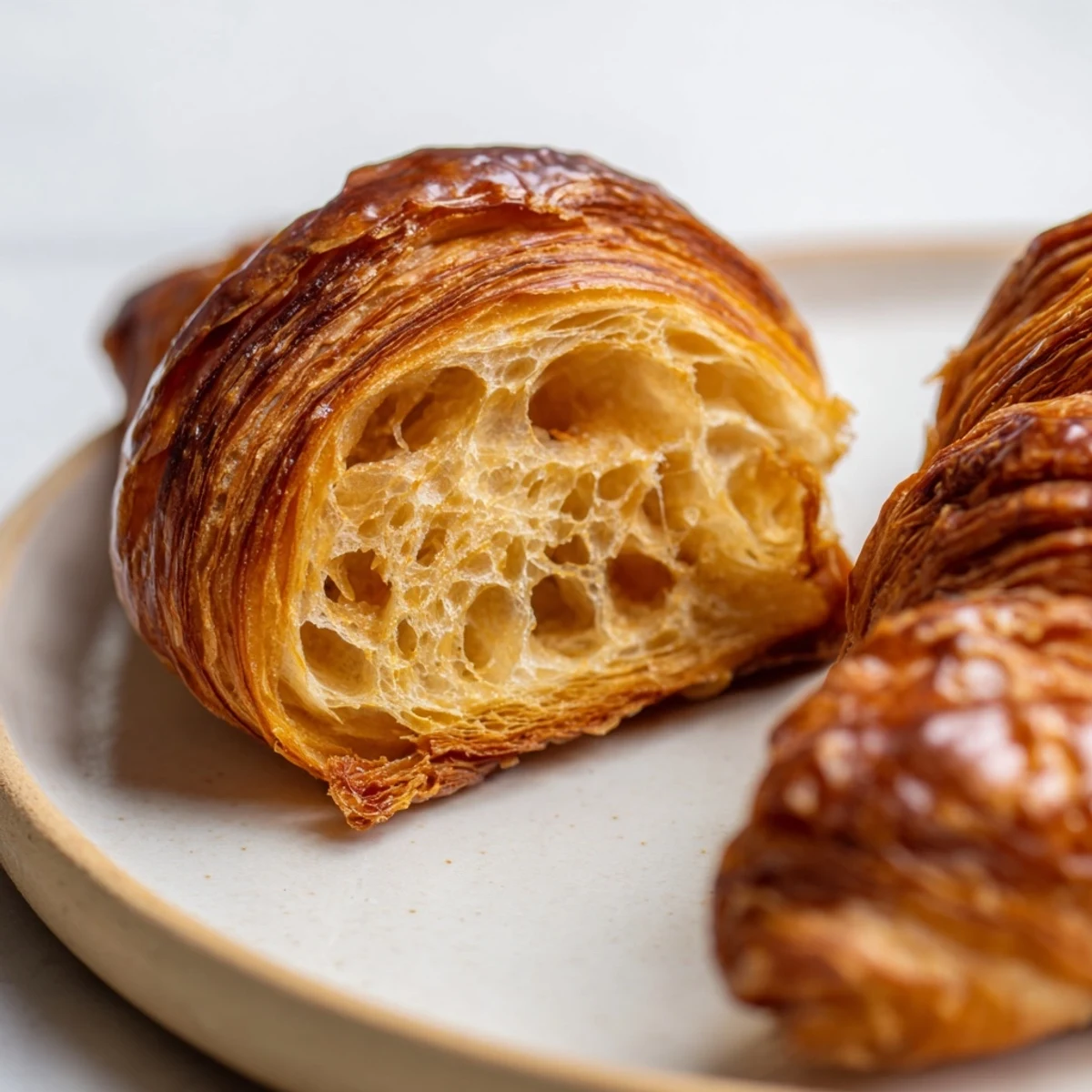 Golden-brown gluten-free croissants with flaky layers are displayed on a wooden board, perfect for breakfast.