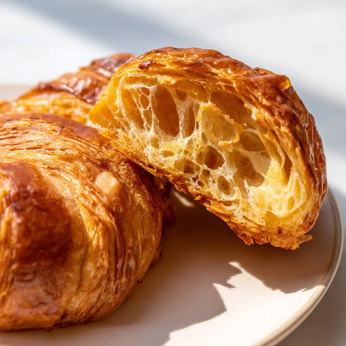 Gluten-free croissants with buttery, golden layers are served warm on a rustic ceramic plate for brunch.
