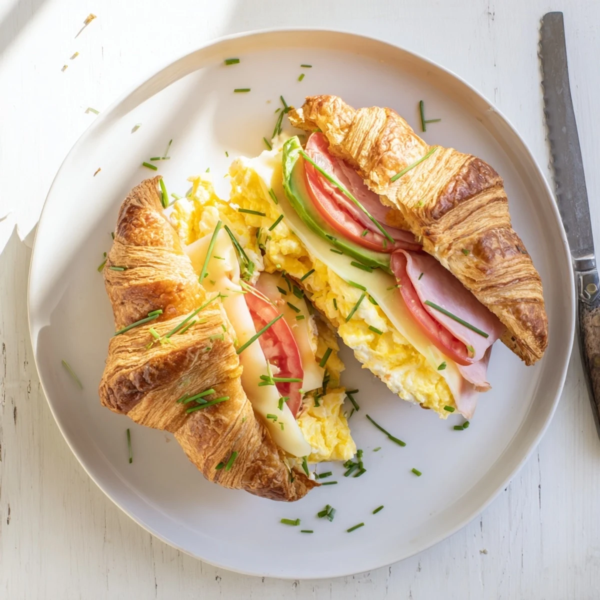 Serve a Flaky Croissant Breakfast Sandwich with coffee and sliced avocado for a perfect breakfast.