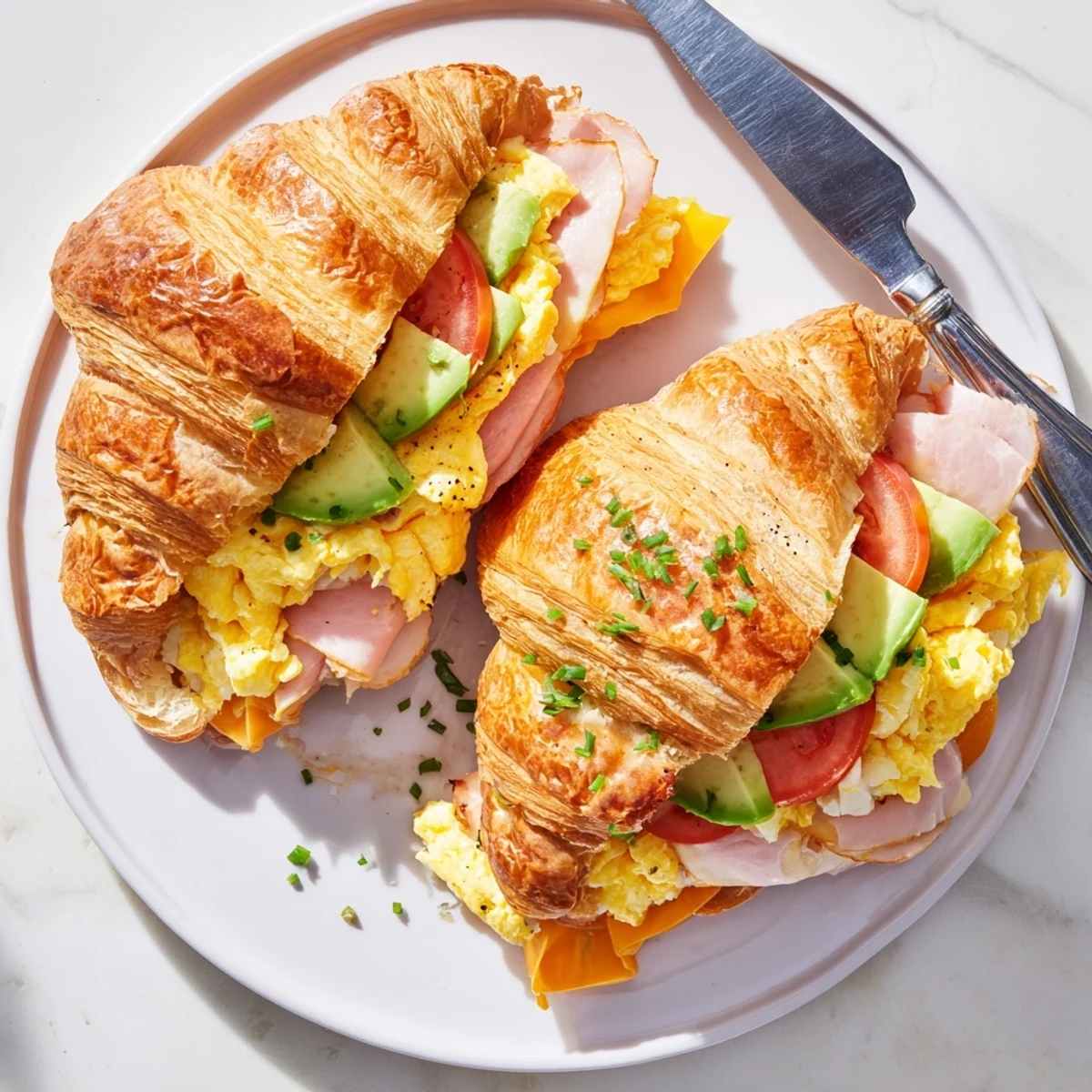 Warm Flaky Croissant Breakfast Sandwich reveals fluffy eggs and fresh tomato slices. 