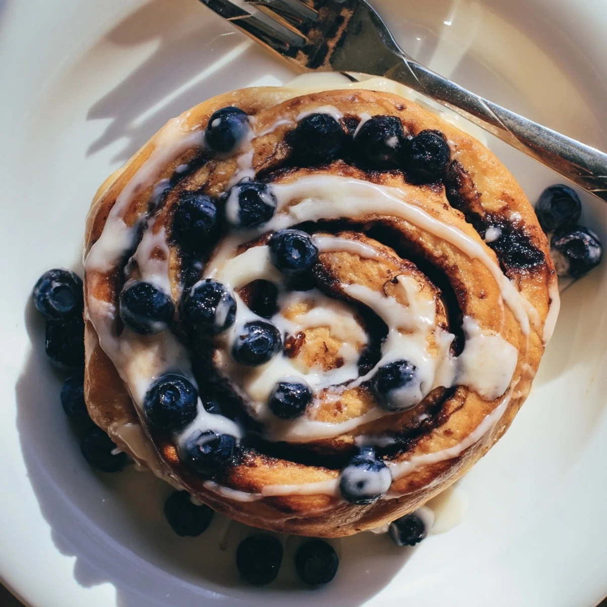 Freshly baked Blueberry Cinnamon Rolls with juicy berries and sweet glaze drizzle.