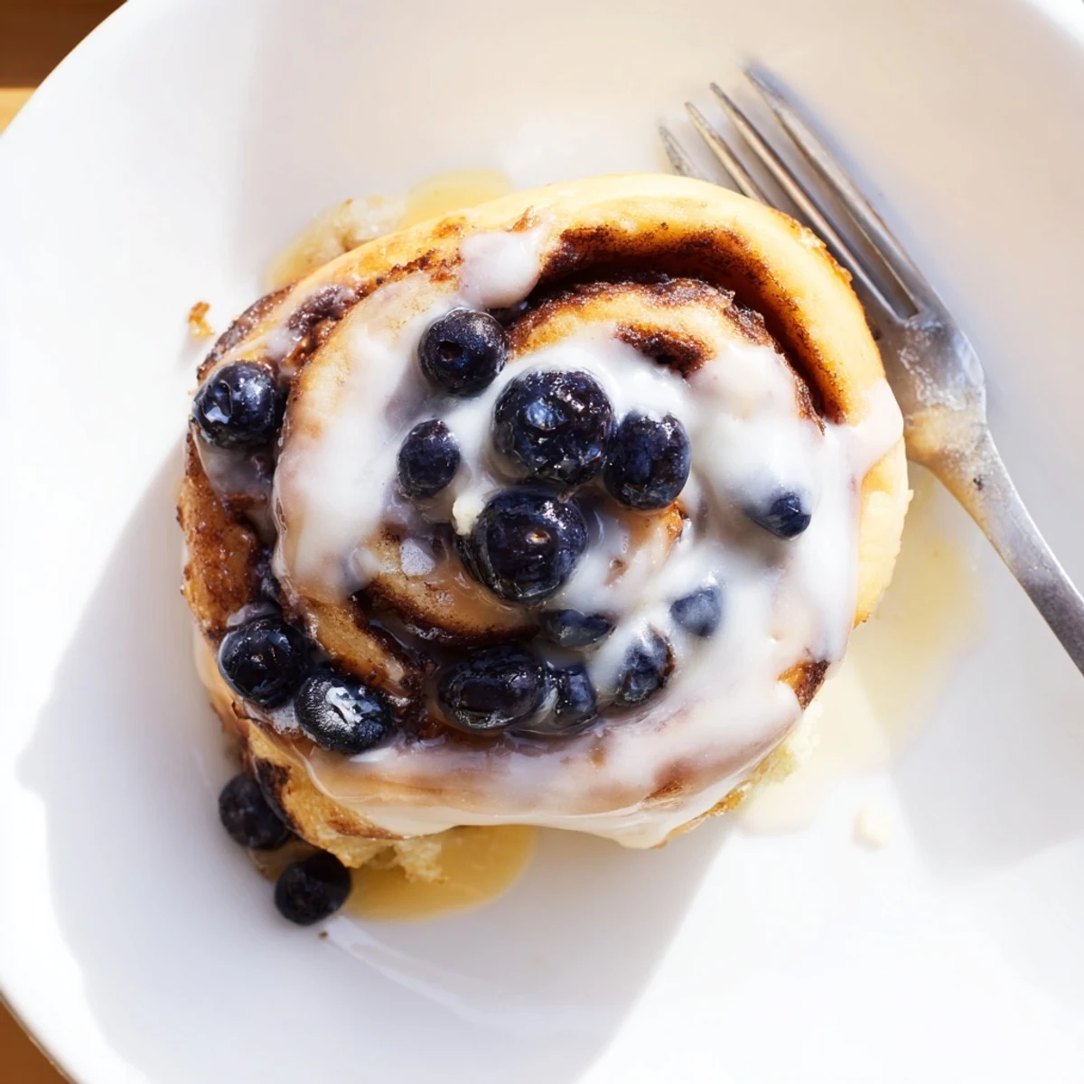 Warm Blueberry Cinnamon Rolls with a creamy vanilla glaze on a wooden board.