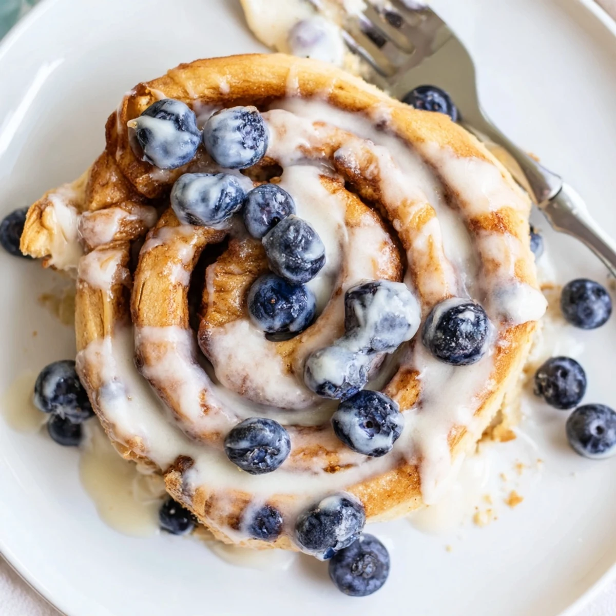 A serving plate of Blueberry Cinnamon Rolls for a delicious American breakfast treat.