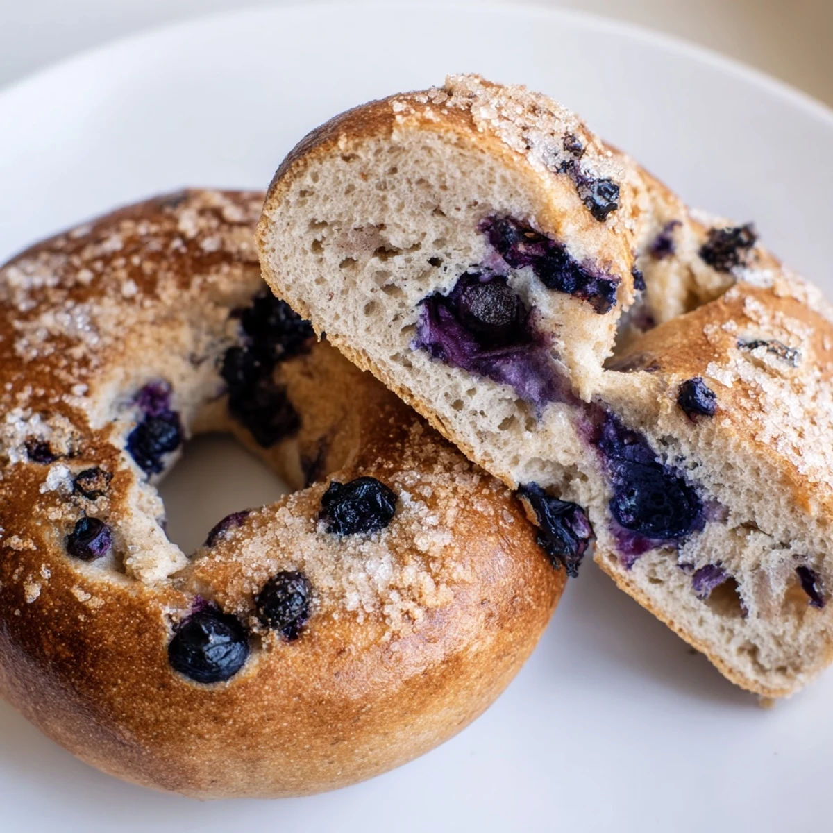 Freshly baked Gluten-Free Blueberry Bagels on a wire rack with visible blueberry speckles and golden crust.