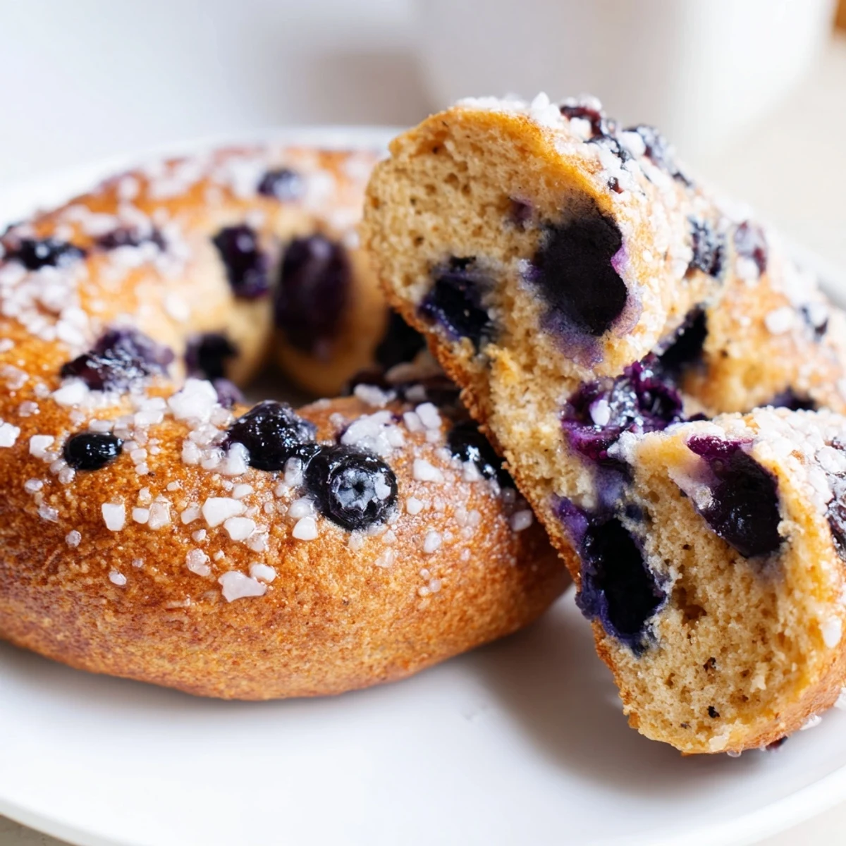 A close-up of Gluten-Free Blueberry Bagels showing juicy blueberry bursts and a sweet golden crust.