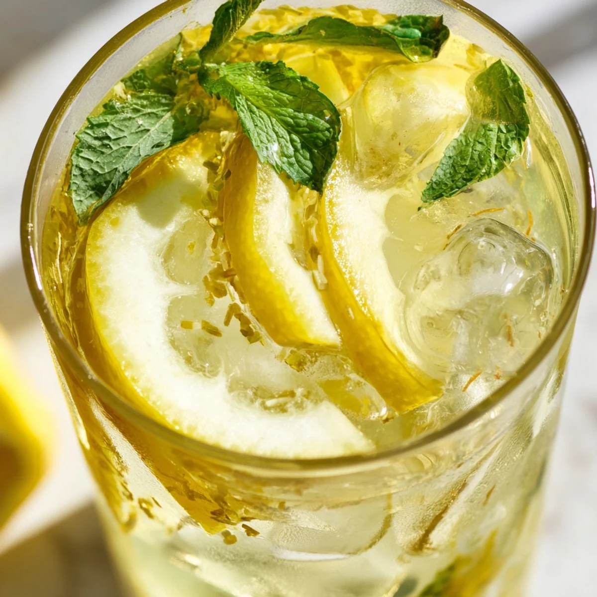 Frosted glasses of the Easy Limoncello Mocktail Refreshing Drink sparkle with ice and lemon slices.