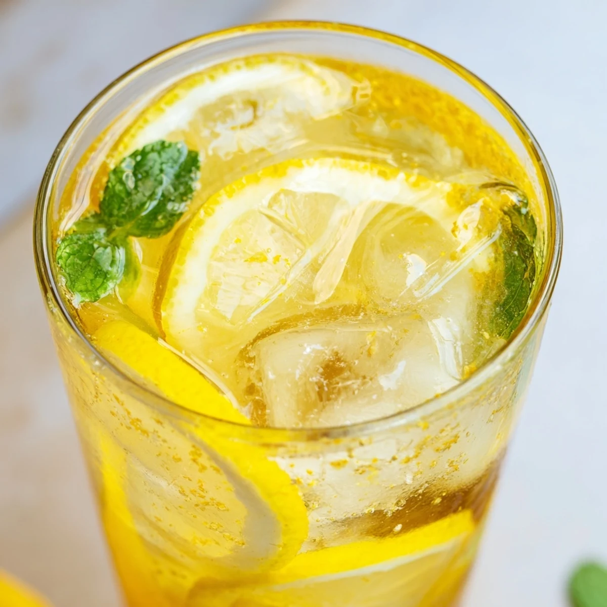 A fresh lemon slice and mint garnish top the Easy Limoncello Mocktail Refreshing Drink.