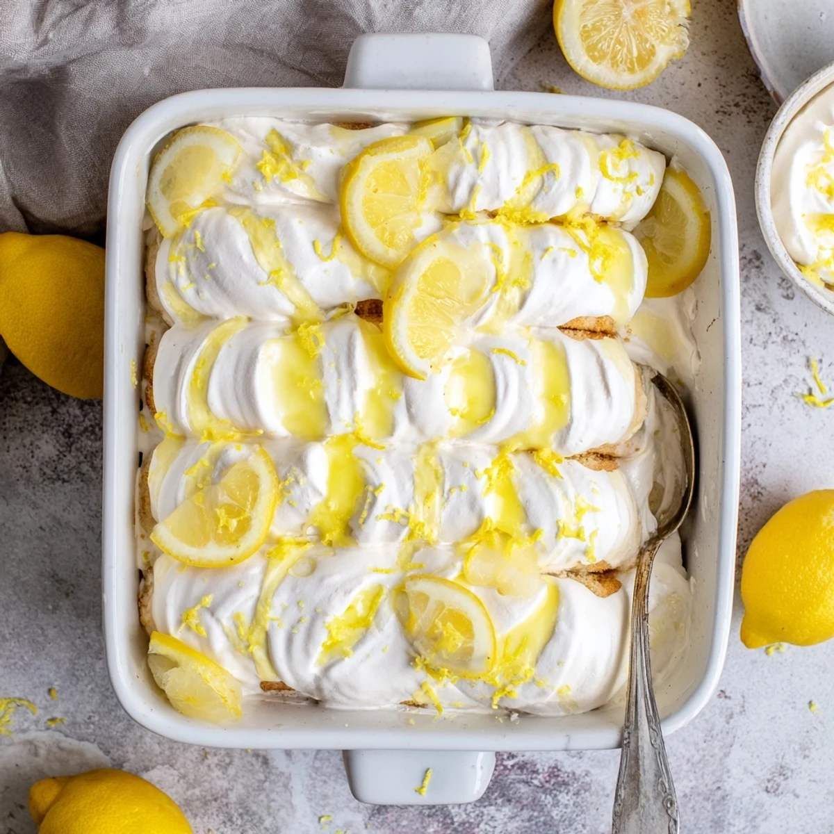 A close-up view of creamy Lemon Limoncello Italian Tiramisu with bright yellow lemon slices and zest garnish, served in a glass dish.
