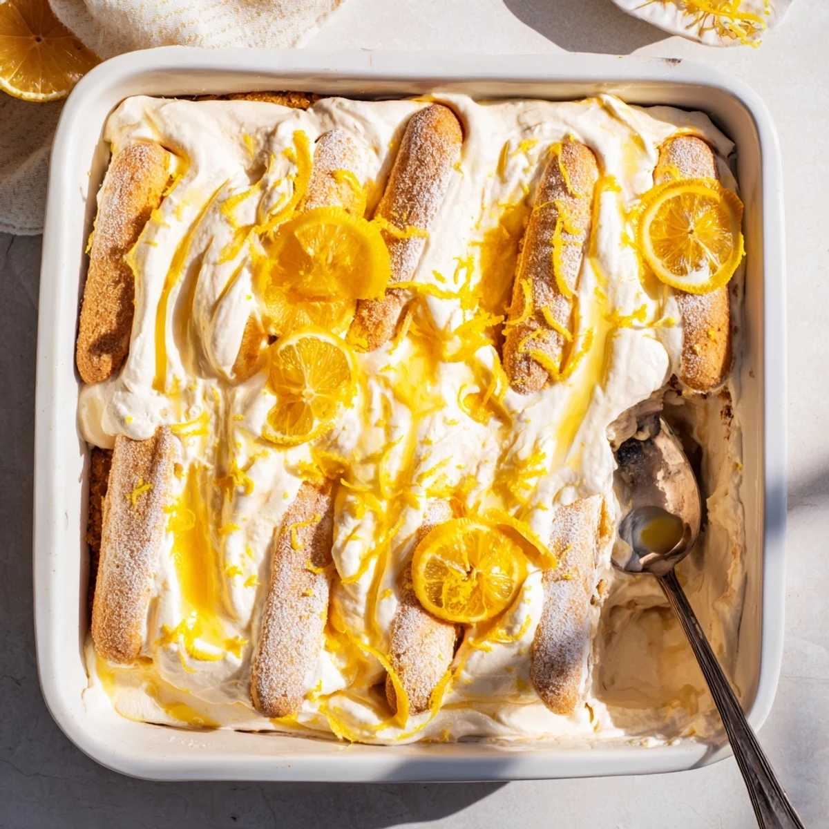 Indulgent slice of Lemon Limoncello Italian Tiramisu with rich lemon curd swirls, ready to serve chilled from the refrigerator.