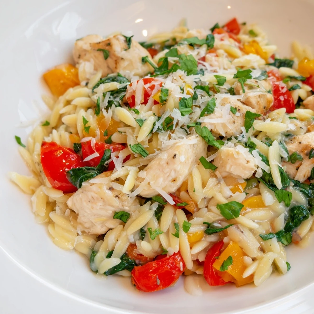 Tender chicken and sautéed vegetables blend with creamy orzo and a light, lemony sauce in this one-pan dish.