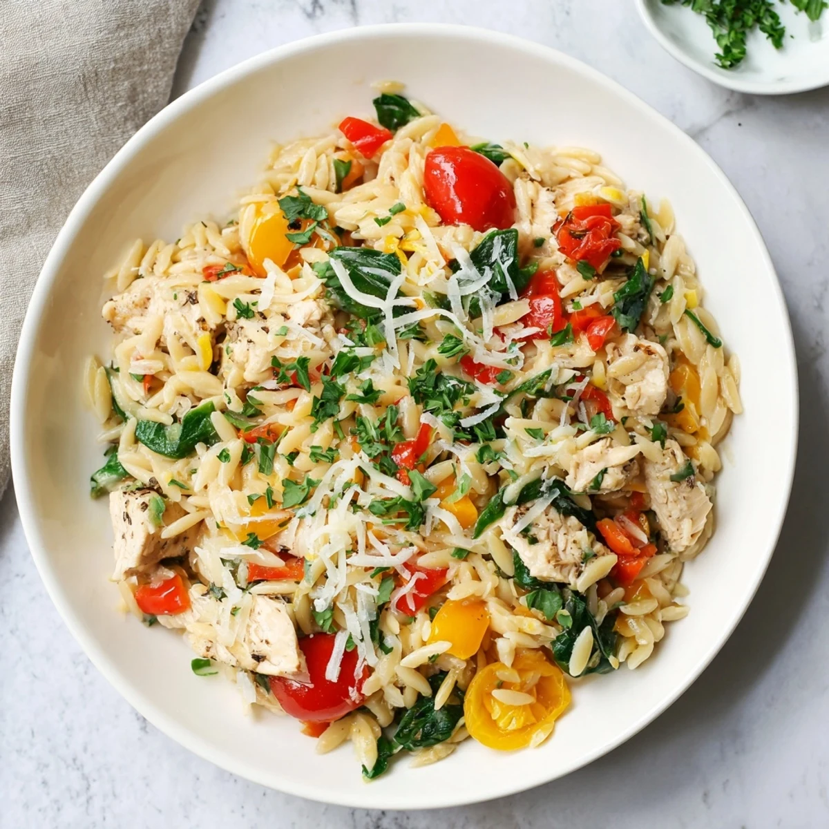 Juicy chicken pieces, vibrant red bell peppers, and tender orzo simmer in a herbed broth, topped with fresh parsley.