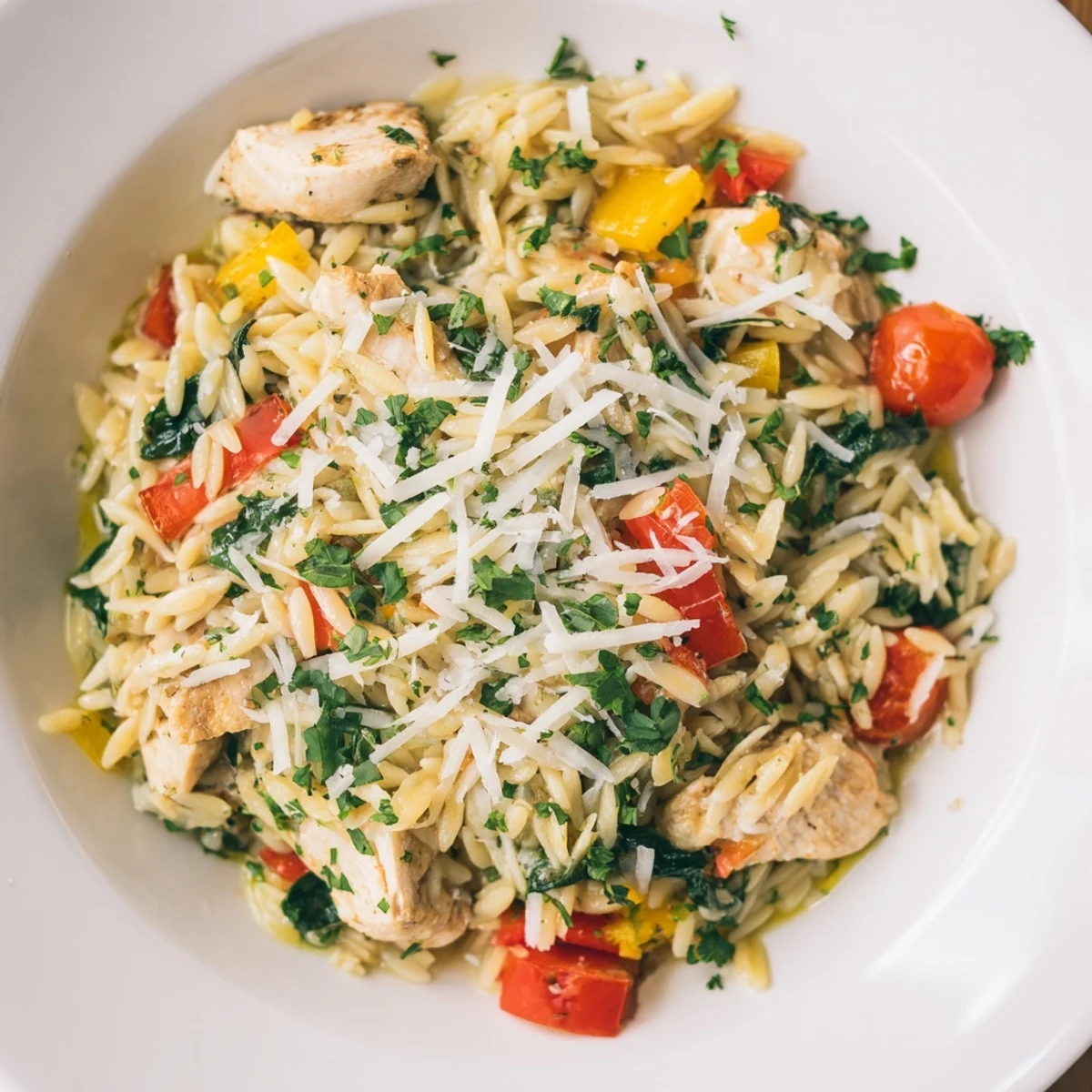 Plated High Protein Chicken Orzo with spinach, cherry tomatoes, and melted Parmesan, perfect for a hearty Mediterranean dinner.