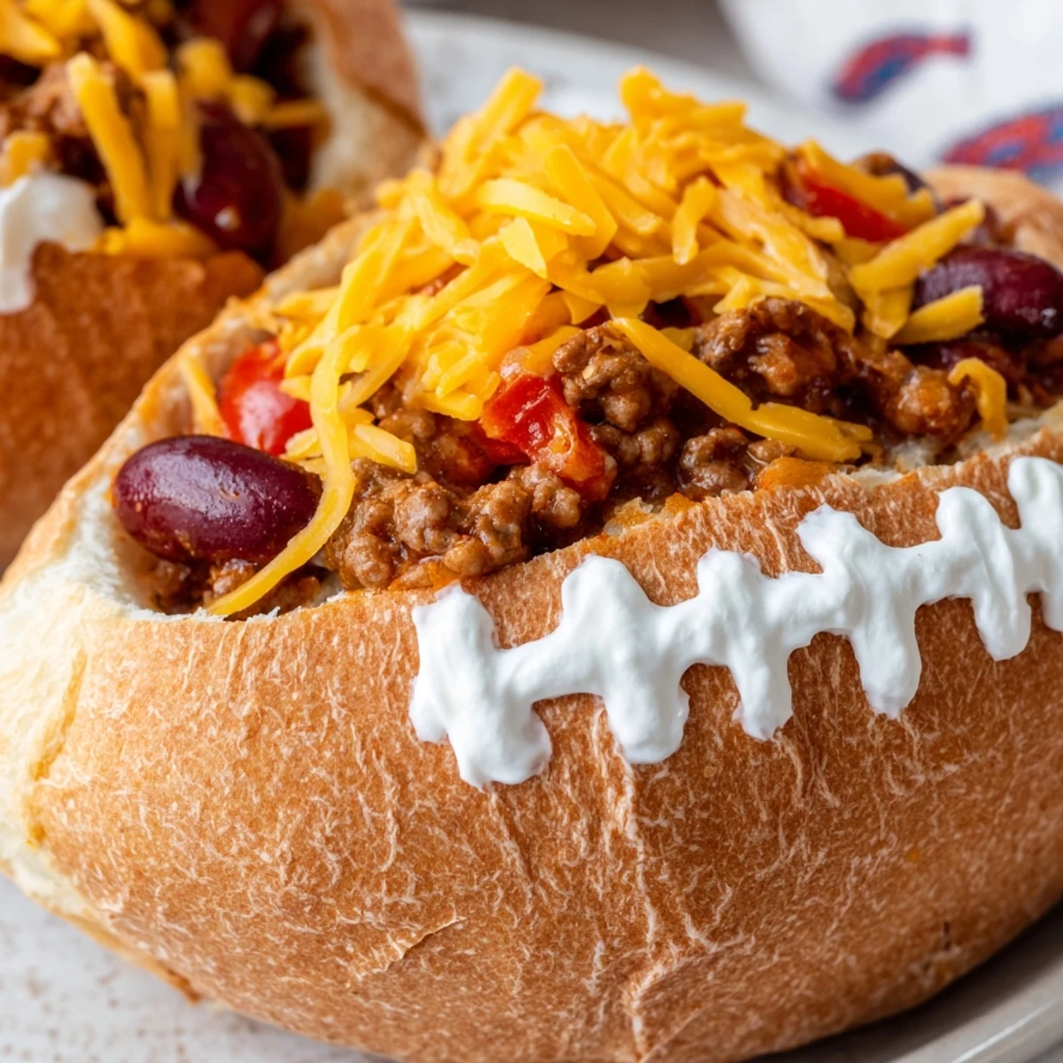 Golden Mini Chili Football Bread Bowls served warm, filled with hearty beef chili and decorated with football-shaped sour cream details.