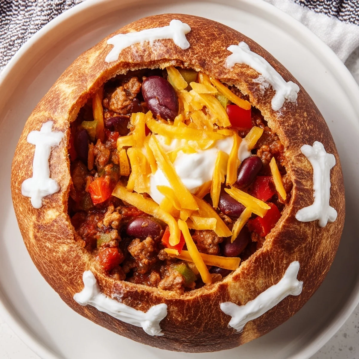 Savory Mini Chili Football Bread Bowls on a party tray, featuring bubbly cheese tops and playful sour cream laces for gameday.