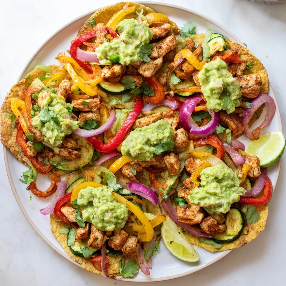Golden, crispy corn tostadas loaded with spiced chicken, colorful sautéed veggies, and fresh guacamole for a vibrant Mexican-inspired dinner.  