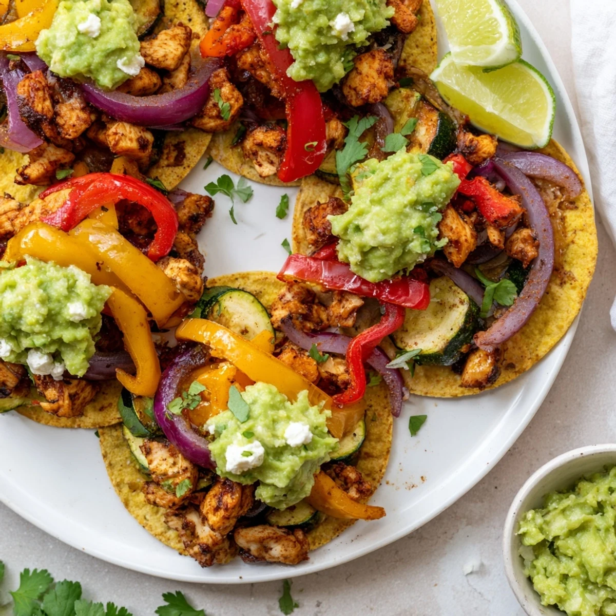 Serve these Chicken Veggie Tostadas With Guacamole topped with shredded lettuce, queso fresco, and lime wedges for a gluten-free meal.