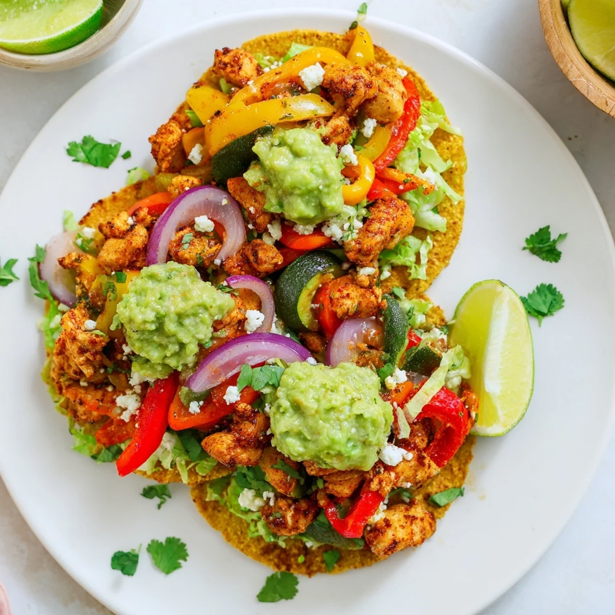 A close-up of Chicken Veggie Tostadas With Guacamole showing juicy chicken, peppers, onions, and creamy avocado spread on crunchy shells.  