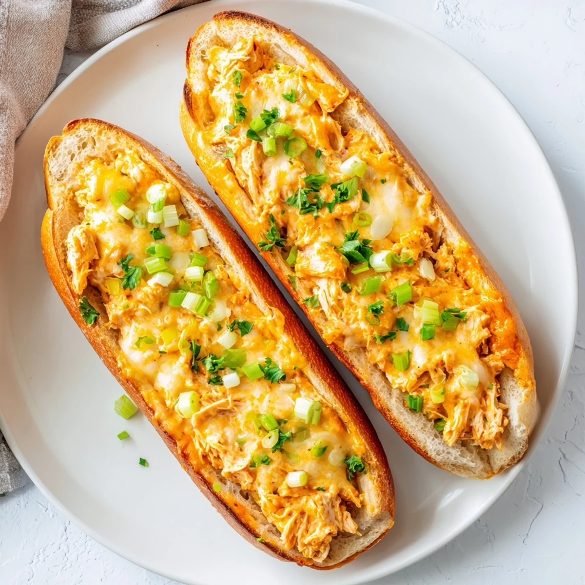 Stuffed French bread loaf filled with spicy buffalo chicken and melted cheddar, topped with fresh green onions.
