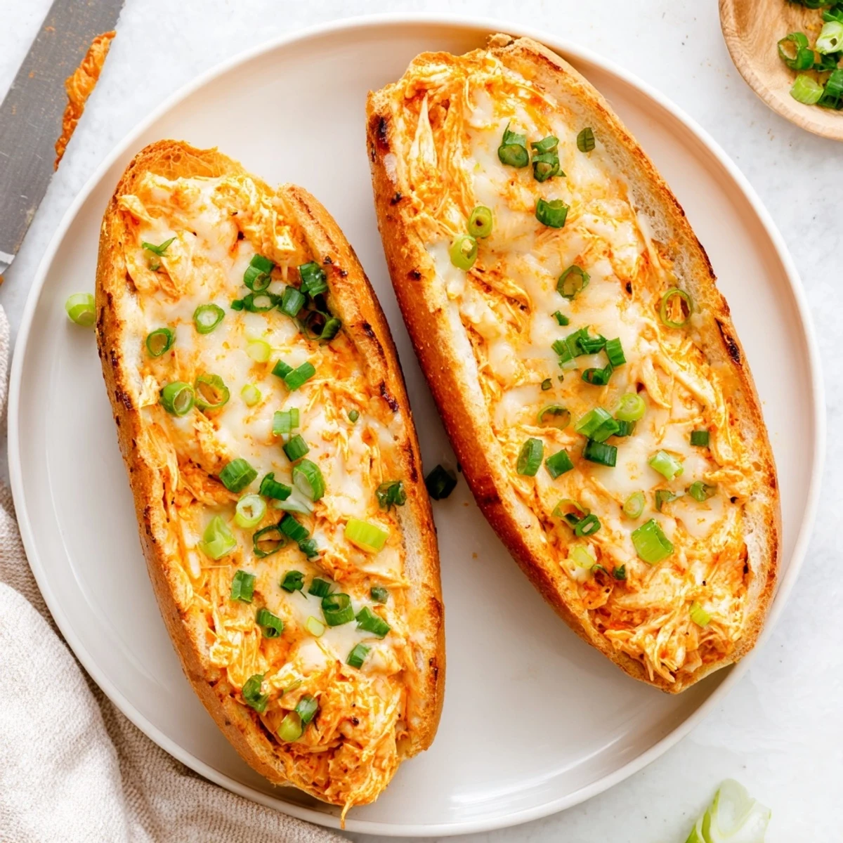 Oven baked Cheesy Buffalo Chicken Stuffed French Bread with creamy mozzarella and a crispy, buttered crust.