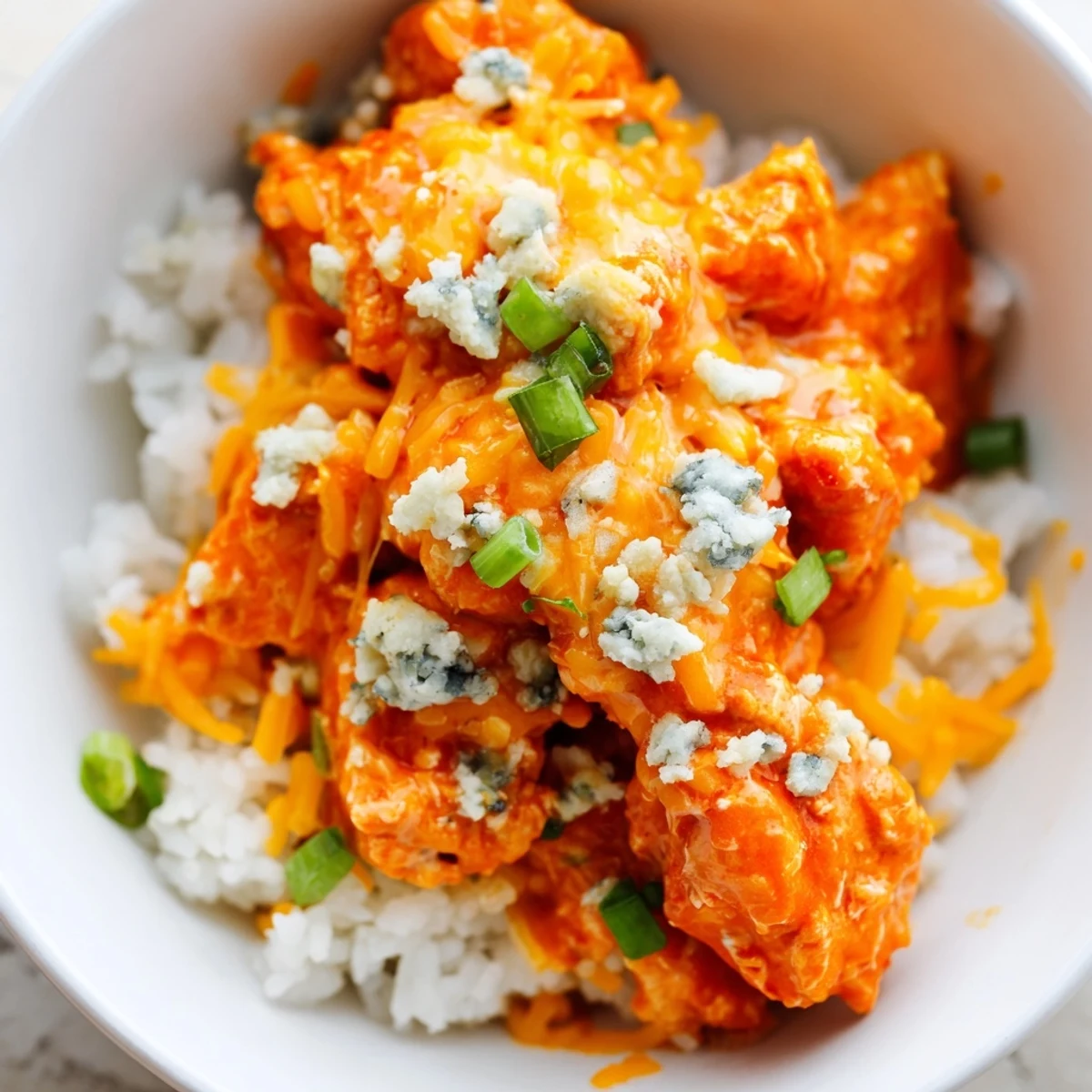 Cooled creamy ranch drizzle cascades over seasoned buffalo chicken, shredded lettuce, cherry tomatoes, and sharp cheddar in this satisfying meal. Buffalo Chicken Bowls recipe