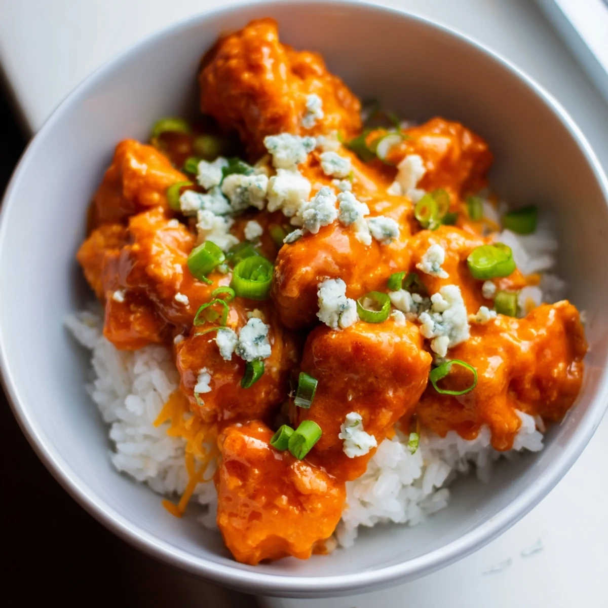 Colorful, gluten-free Buffalo Chicken Bowls feature tender meat, crunchy vegetables, and a hearty rice base, ready to serve immediately. Buffalo Chicken Bowls recipe