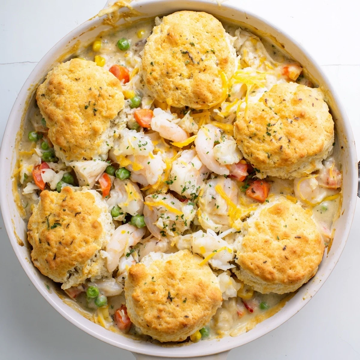 Golden, cheesy biscuit topping crowns a creamy seafood pot pie with shrimp, crab, and tender vegetables in a rustic dish.