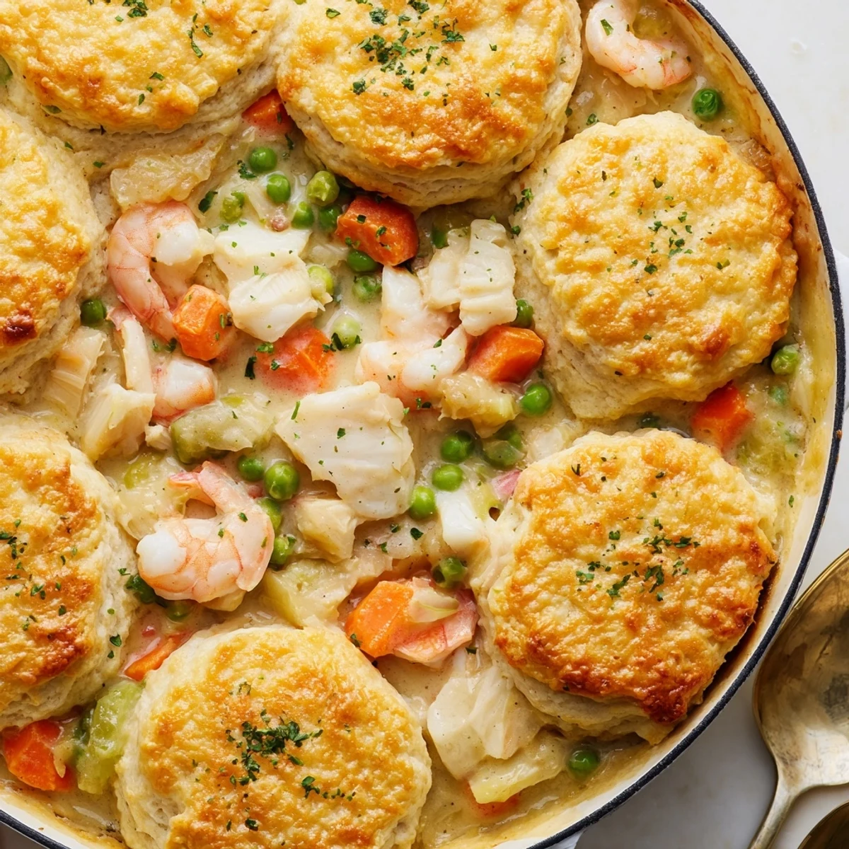 A warm slice of Seafood Pot Pie with Cheddar Bay Biscuit Topping reveals flaky crust and rich filling next to a glass of wine.