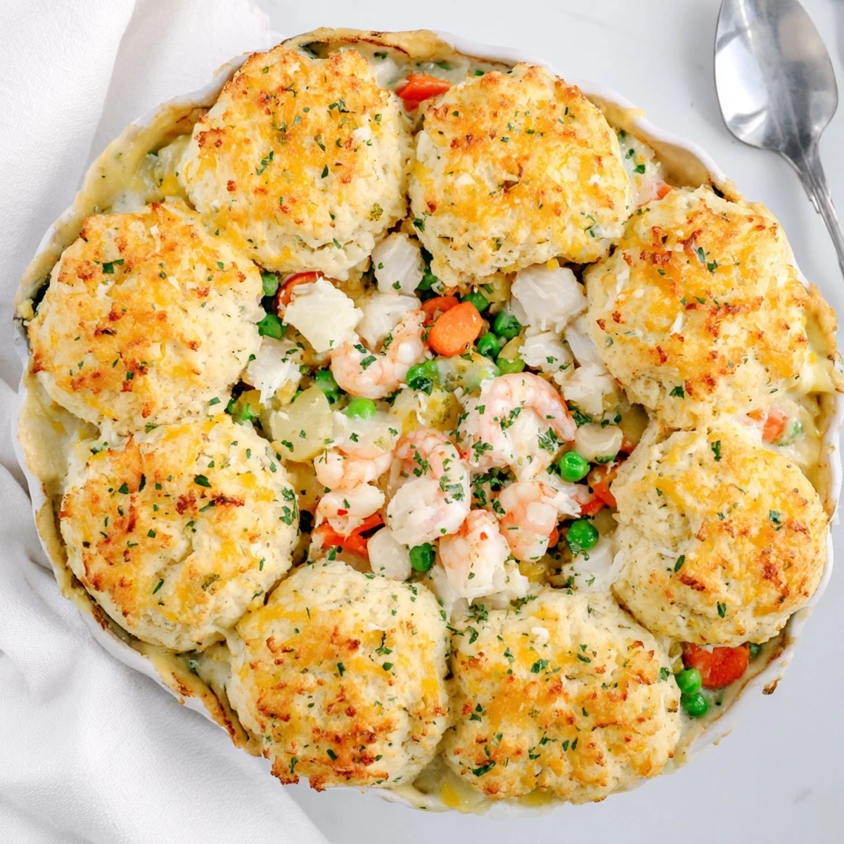 Fork-ready Seafood Pot Pie with Cheddar Bay Biscuit Topping sits in a skillet, steam rising from buttery seafood and vegetables.