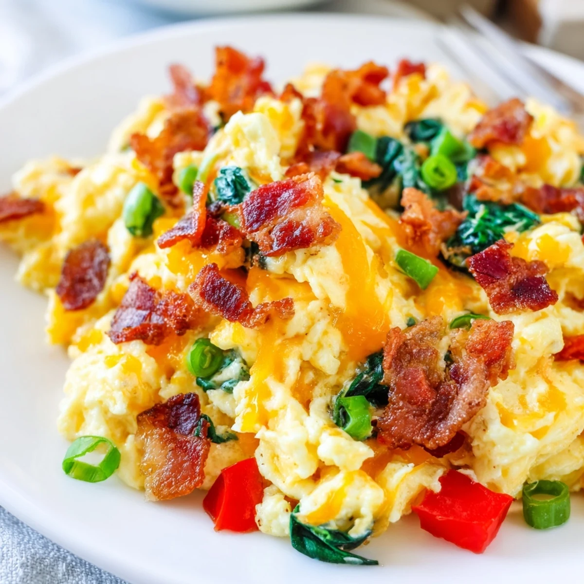 Golden scrambled eggs mixed with crispy bacon, melted cheddar, and vibrant sautéed peppers and spinach on a plate.