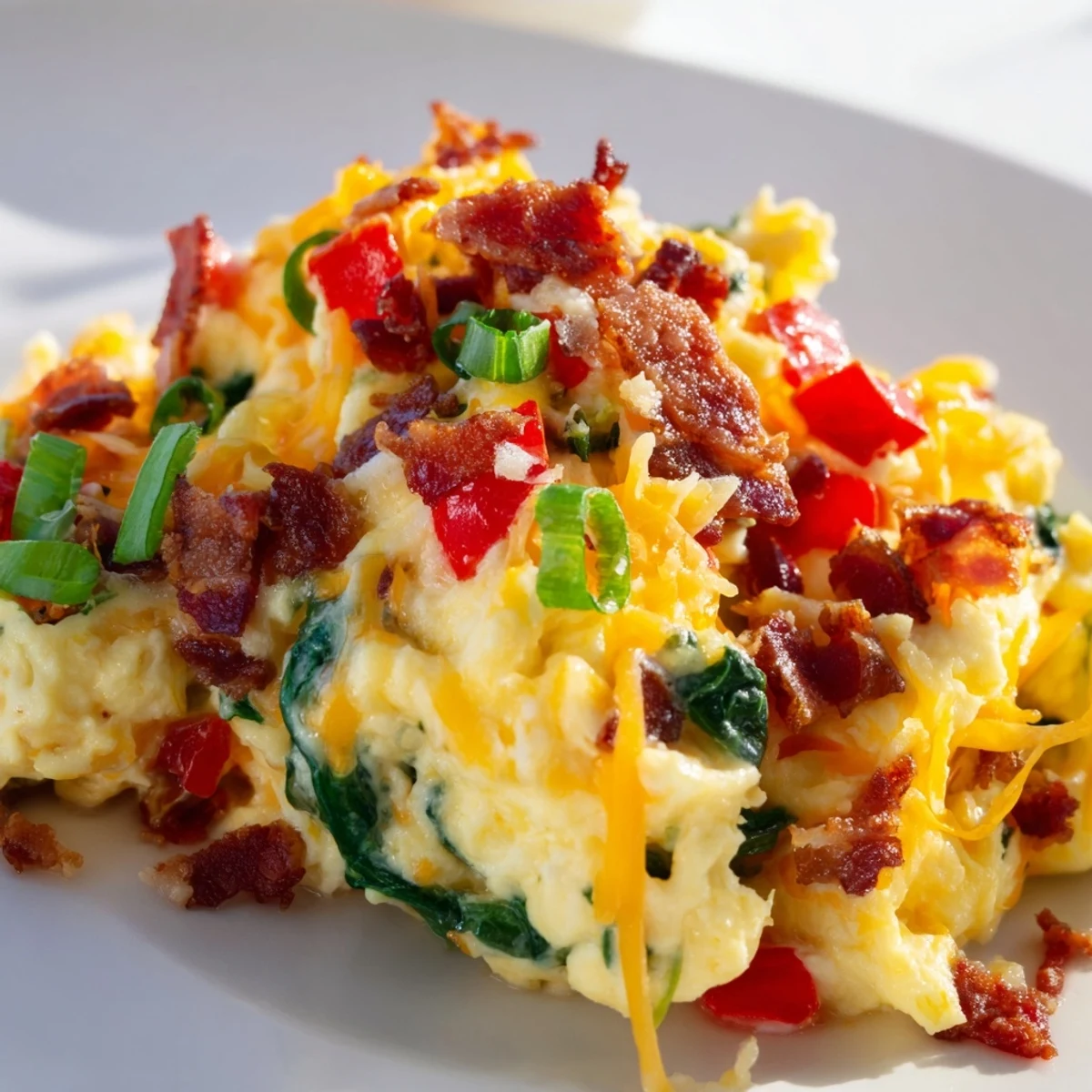 A hearty close-up of loaded scrambled eggs served with a side of toast for a satisfying breakfast.