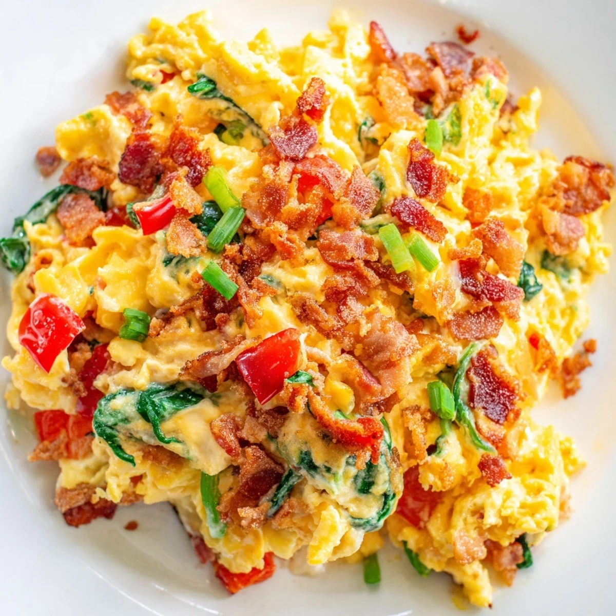 Bright morning light highlights fluffy loaded scrambled eggs topped with green onions and crumbled bacon on white ceramic.